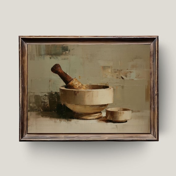 Rustic Mortar and Pestle Still Life Painting Farmhouse Wall Art