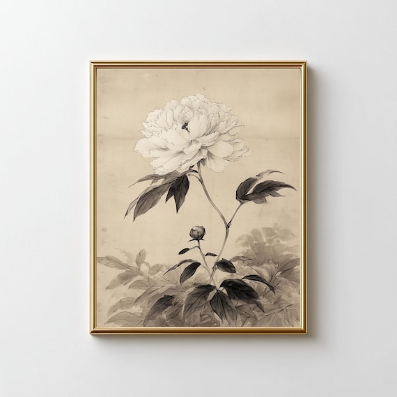 Vintage Peony Botanical Art Minimal Floral Wall Print Neutral Asianinspired Flower Painting Elegant Home Decor