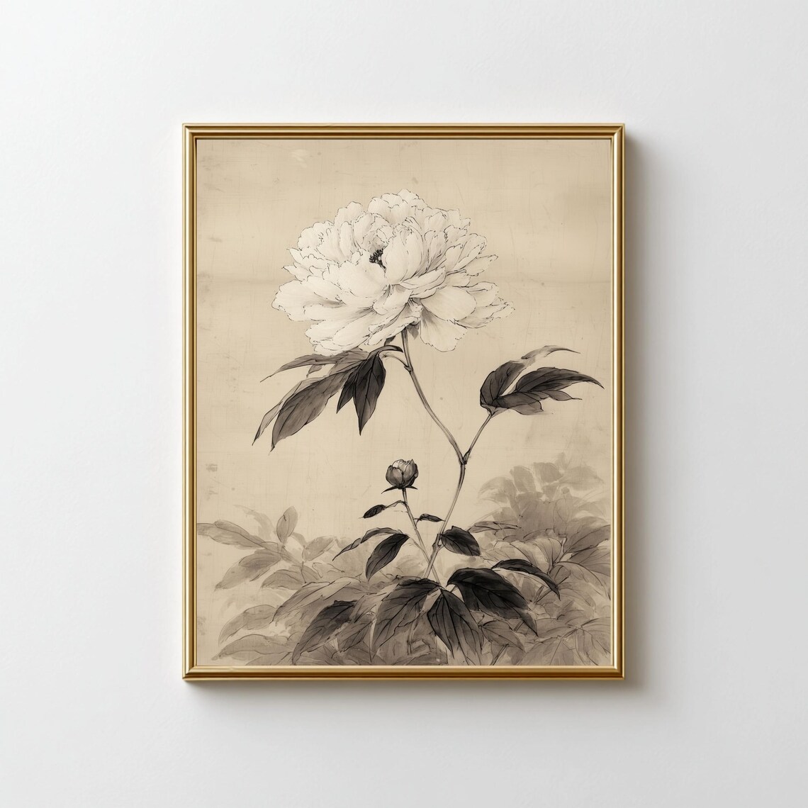White Peony Ink Painting Minimal Asian Botanical Floral Elegant Wall Art