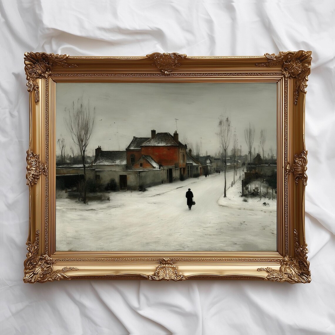 Quiet Winter Street Scene Snowy Village Lone Figure Art Poster