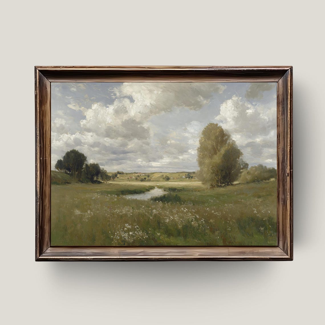 Rustic Meadow Pond Wildflowers Vintage Cloudy Sky Landscape Print