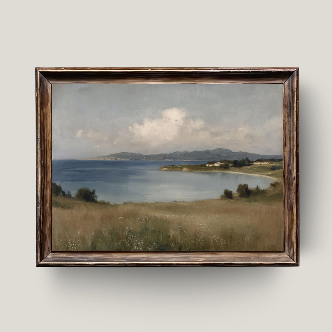 Rustic Coastal Bay View Oil Painting Serene Seaside Meadow Wall Art
