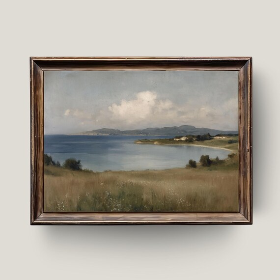 Rustic Coastal Bay View Oil Painting Serene Seaside Meadow Wall Art