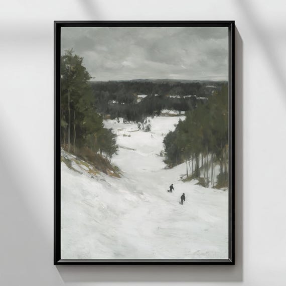 Snowy Ski Hills Landscape Print Vintage Winter Scene Scandinavian Style