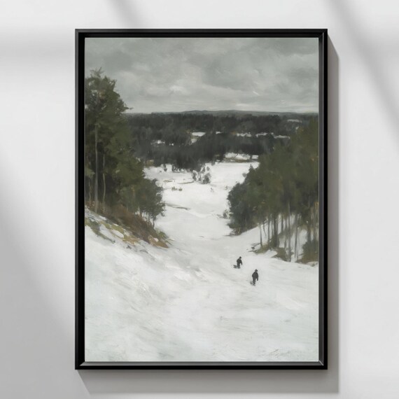 Snowy Winter Ski Slope Pines Moody Forest Landscape Scene Print
