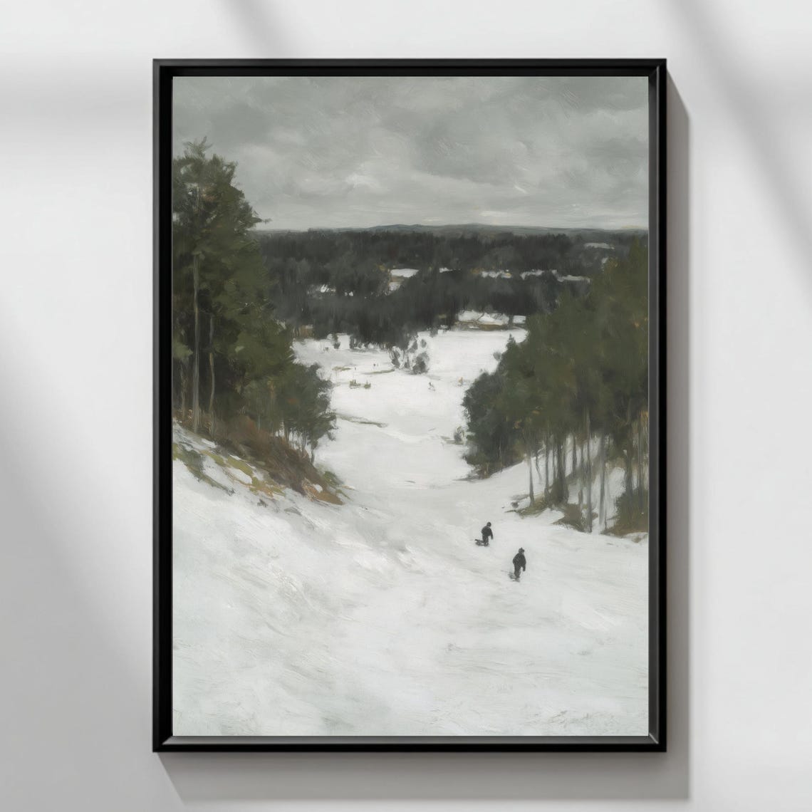 Snowy Winter Ski Slope Pines Moody Forest Landscape Scene Print