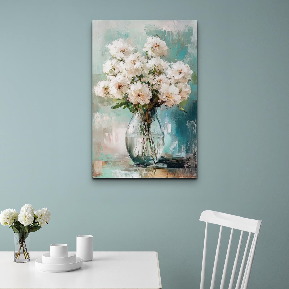 White Peonies Glass Vase Teal Abstract Floral Bouquet Art Poster