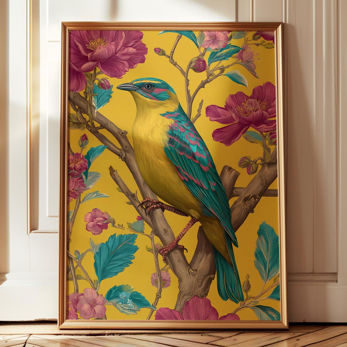 Colorful Songbird Floral Chinoiserie Art Print on Yellow Background