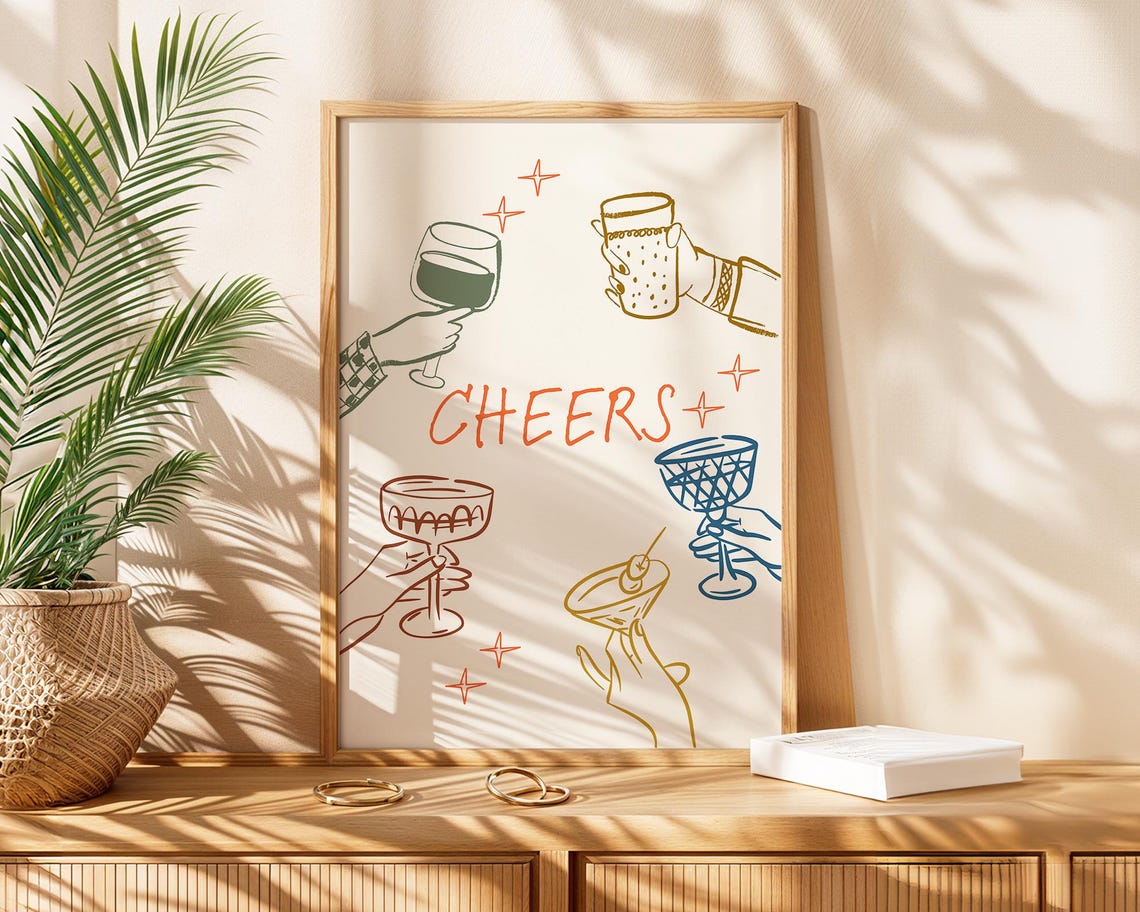 Cheers Cocktail Glasses Retro Hand Drawn Party Toast Art Poster - Image 4