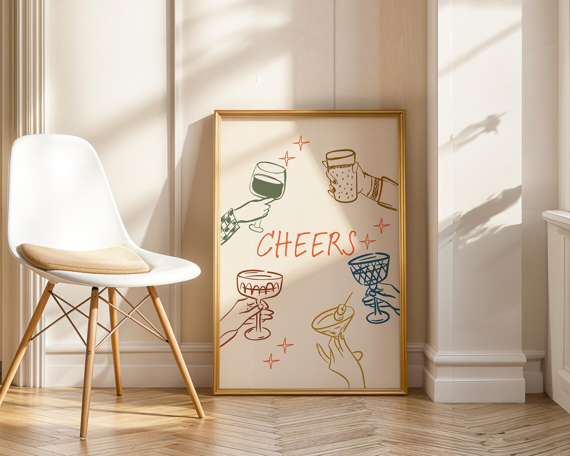 Cheers Cocktail Glasses Retro Hand Drawn Party Toast Art Poster - Image 6