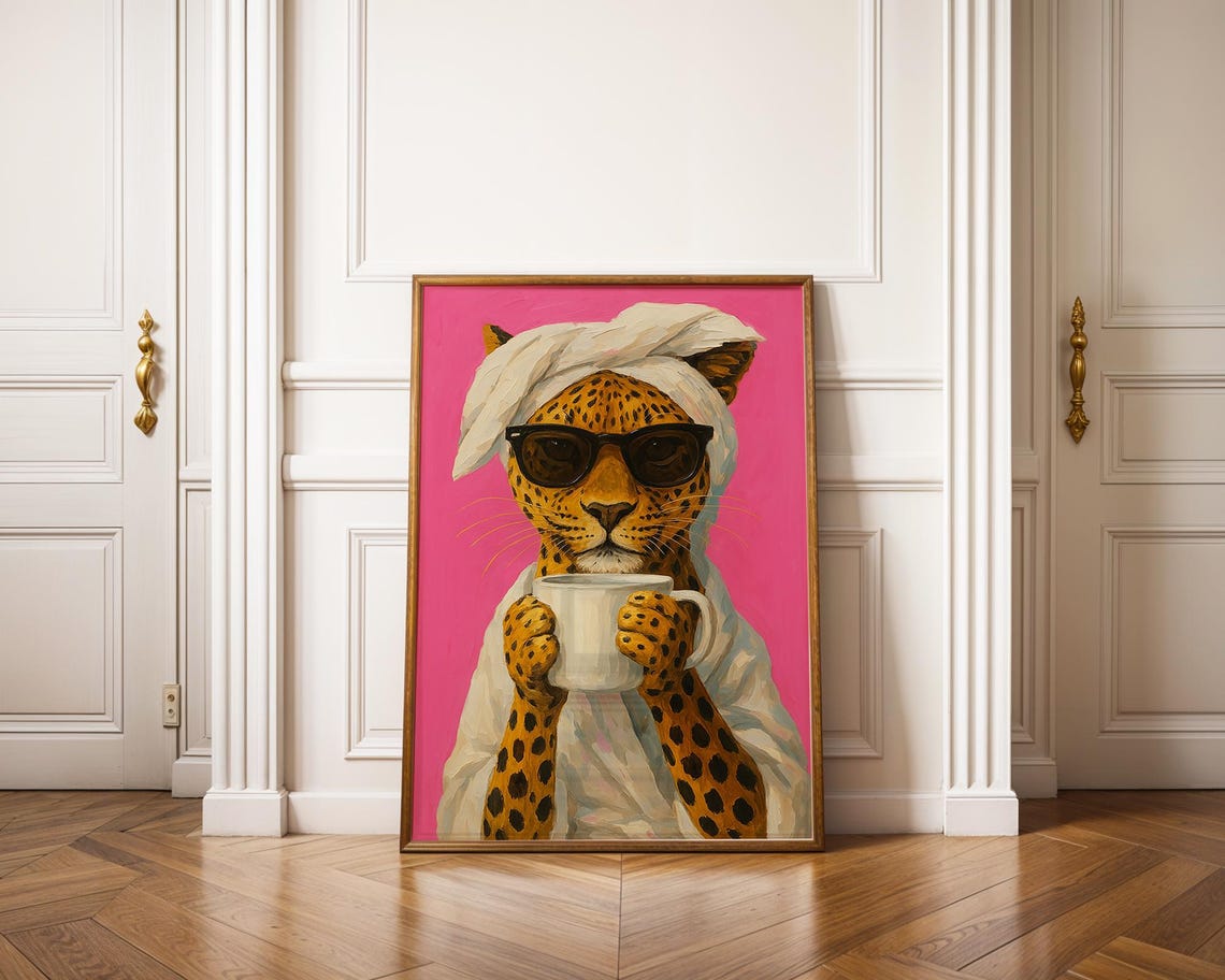 Leopard Drinking Coffee Sunglasses Towel Turban Pink Art Poster - Image 2