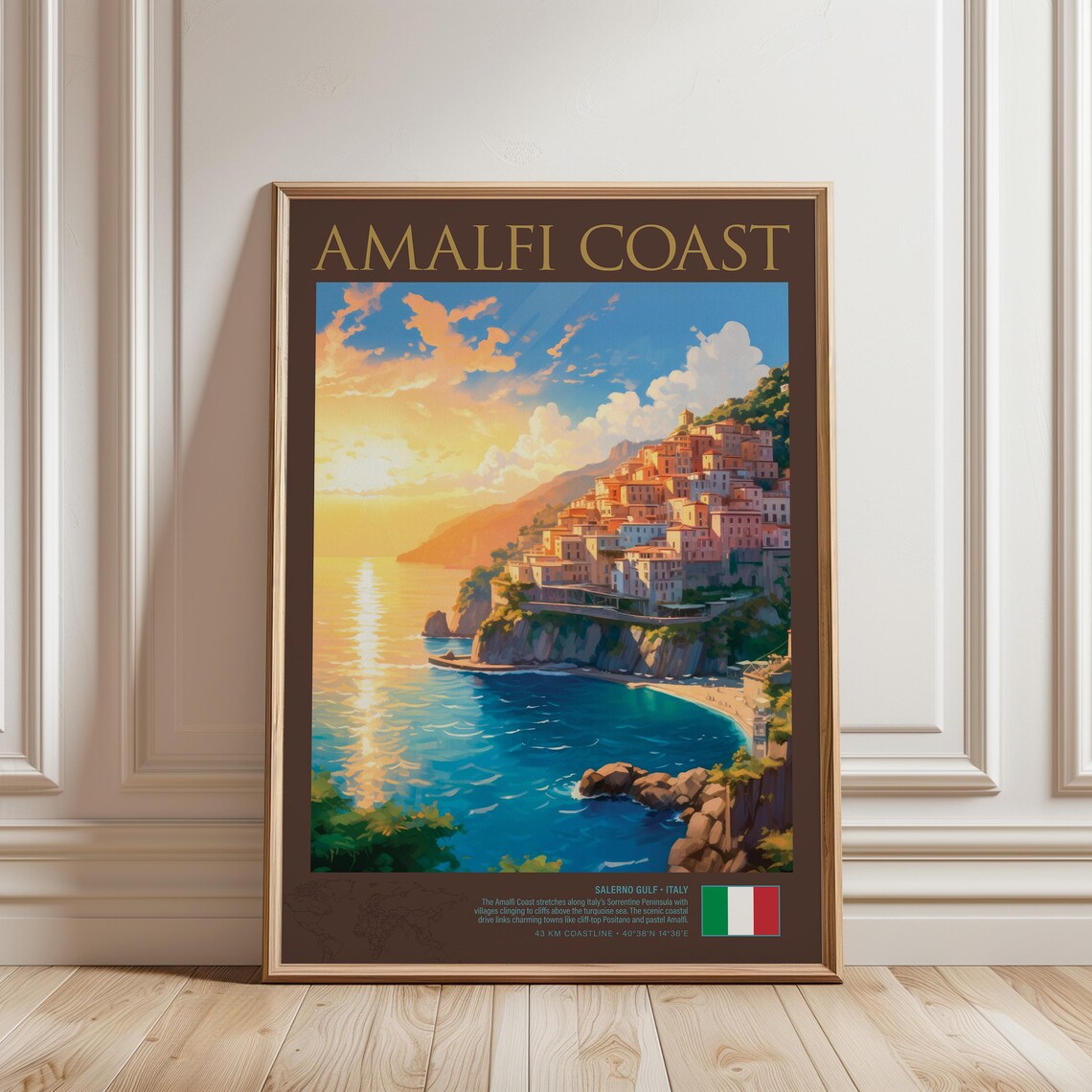 Amalfi Coast Italy Vintage Golden Sunset Seaside Travel Art Poster