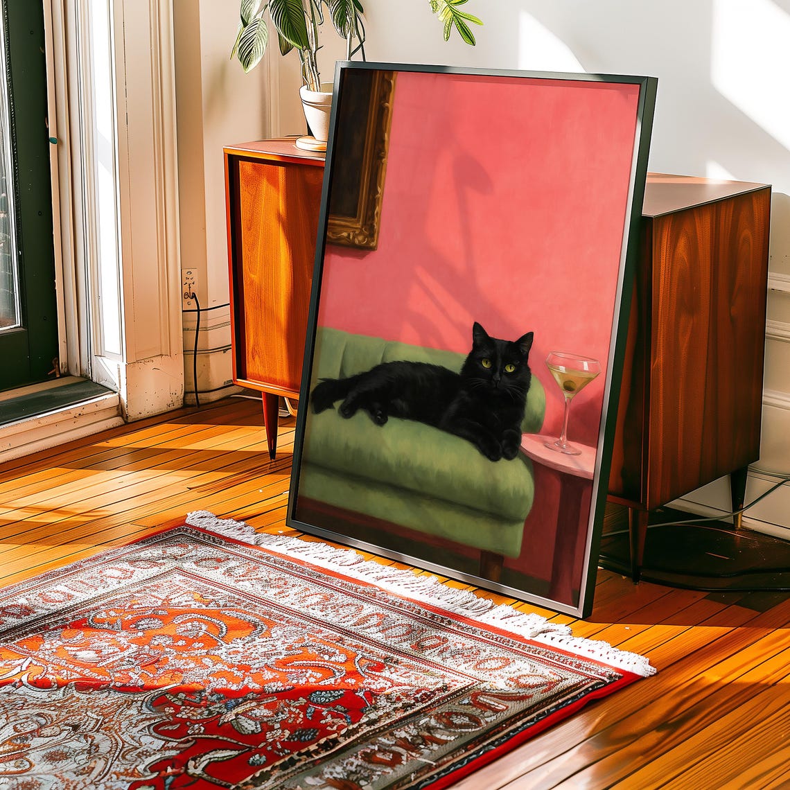 Black Cat Lounging Green Sofa Martini Cocktail Whimsical Art Poster - Image 4