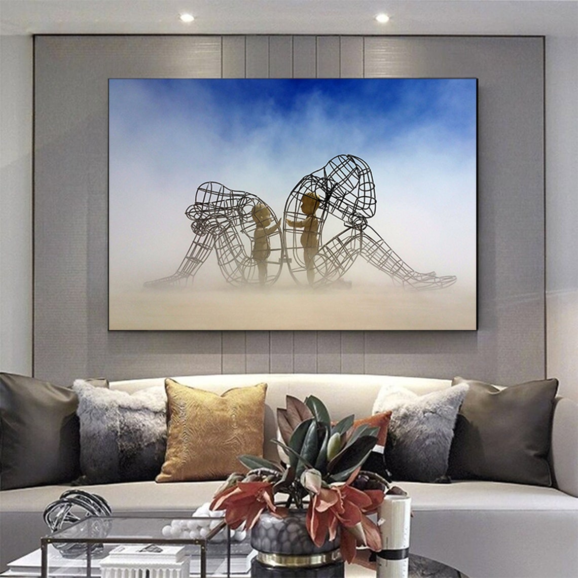 Wireframe Embrace Inner Child Sculpture Misty Desert Art Print