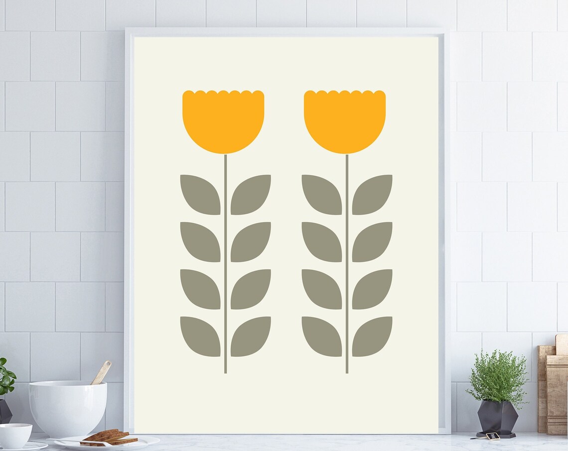 Geometric Flower Mid-Century Art Print, Retro