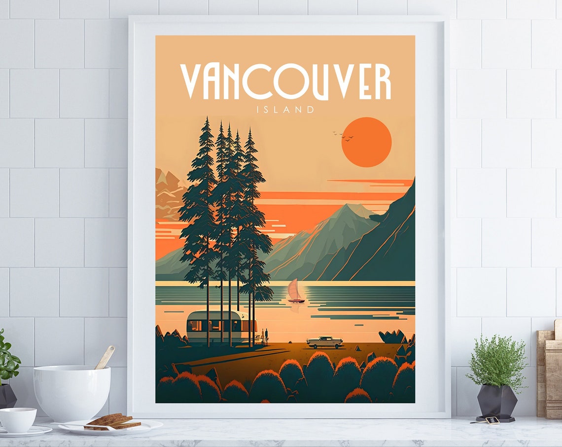 Vancouver Island Canada Sunset Pines Camper Van Retro Travel Poster