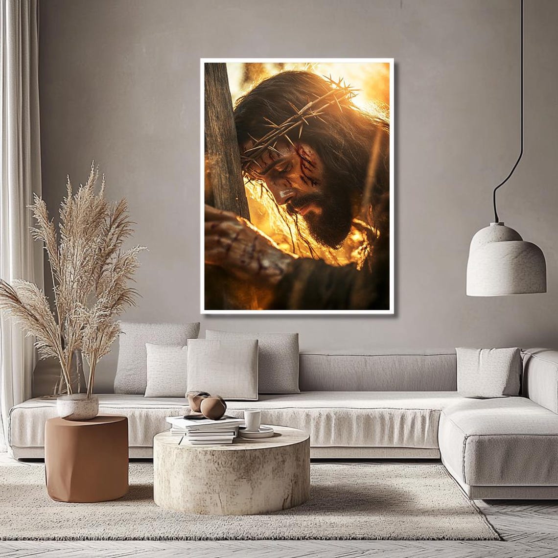 Jesus Christ Crown Of Thorns Leaning On Cross In Golden Poster - Image 2