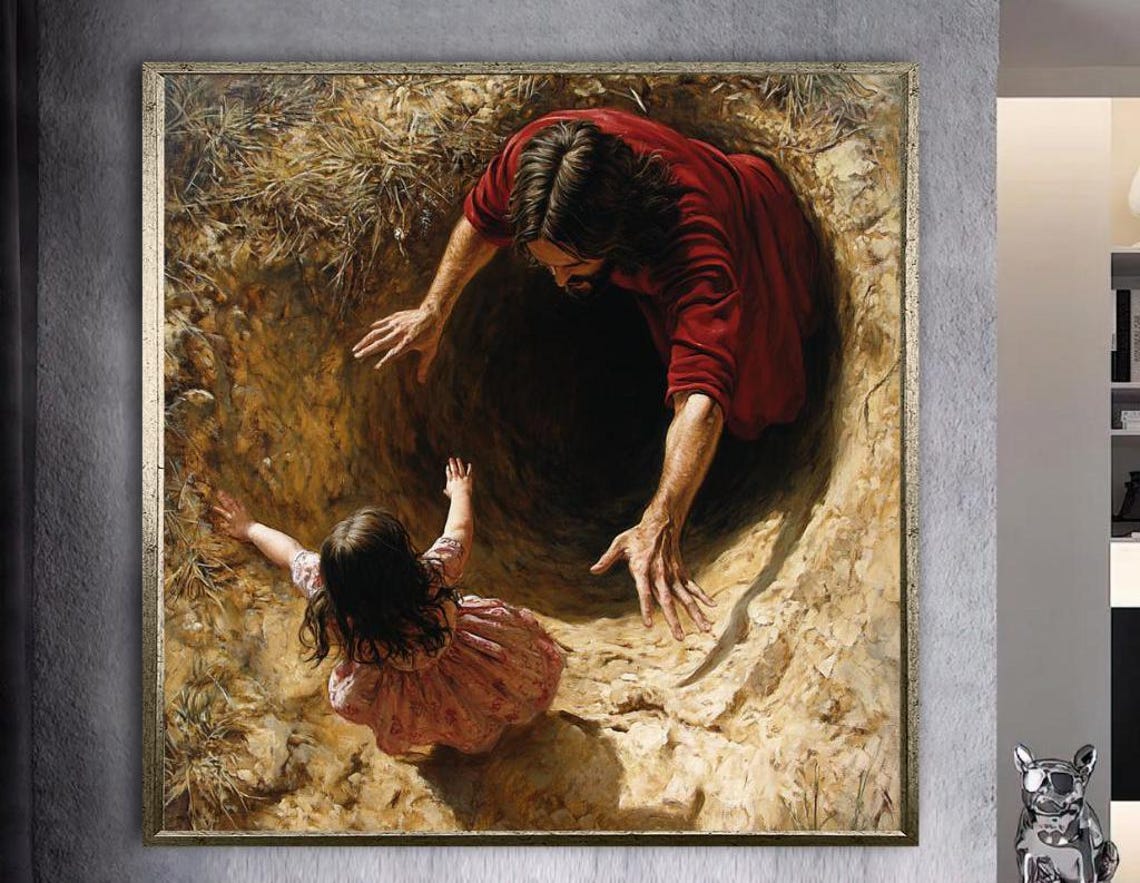 Jesus Reaching Down to Rescue a Child From a Deep Dark Pit Poster