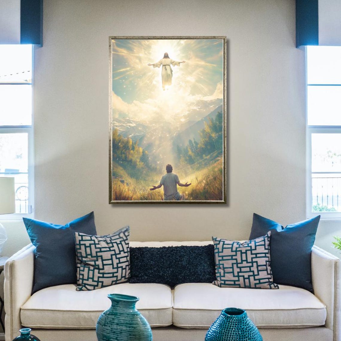 Jesus Ascending in Heavenly Light Over Mountain Valley Art Poster - Image 2
