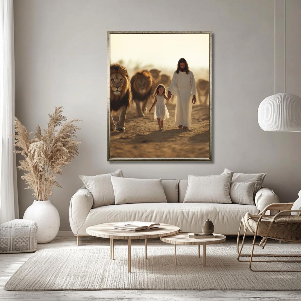 Jesus Walking with Little Girl Among Lions Golden Light Art Poster - Image 3