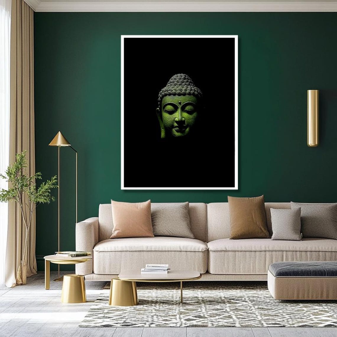 Green Buddha Head Sculpture On Black Dramatic Zen Art Poster - Image 2