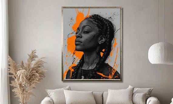 Modern Black And Orange Portrait Wall Art Bold Afrocentric Woman Illustration With Orange Paint Splatter Effect Contemporary Home