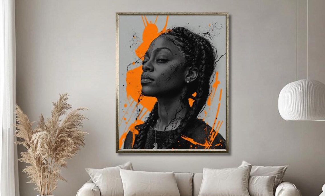 Black And Orange Braided Woman Paint Splatter Portrait Poster