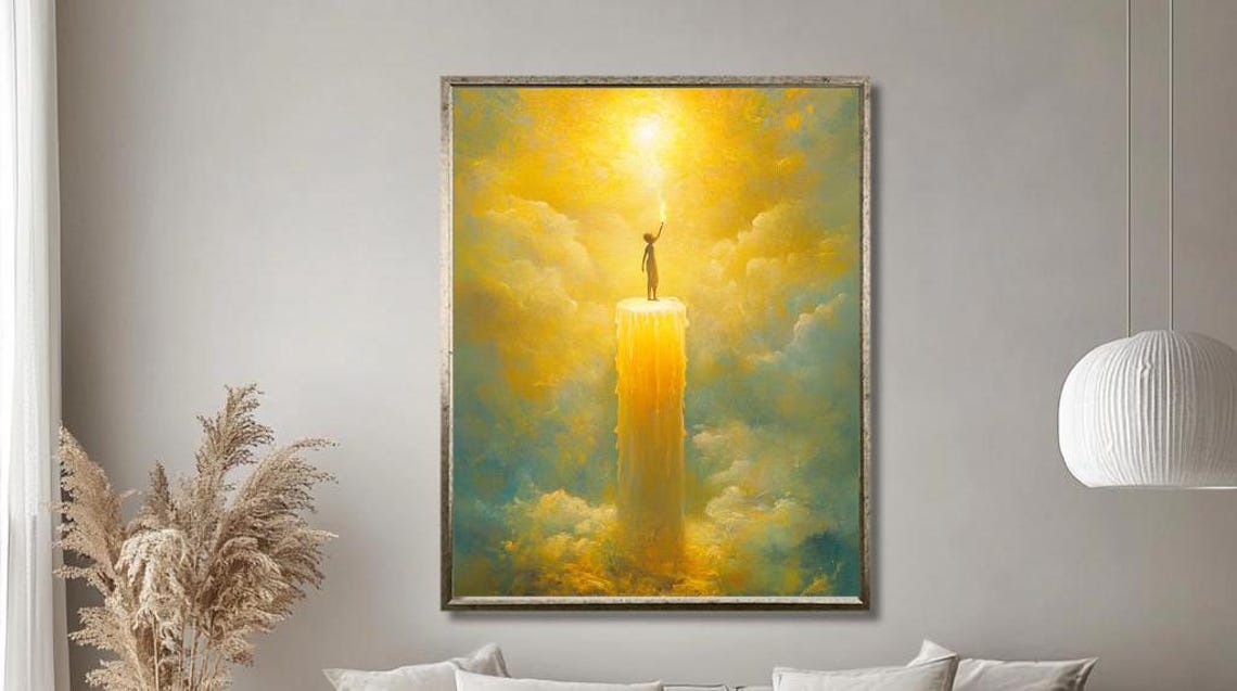Surreal Woman On Giant Melting Candle In Golden Clouds Poster