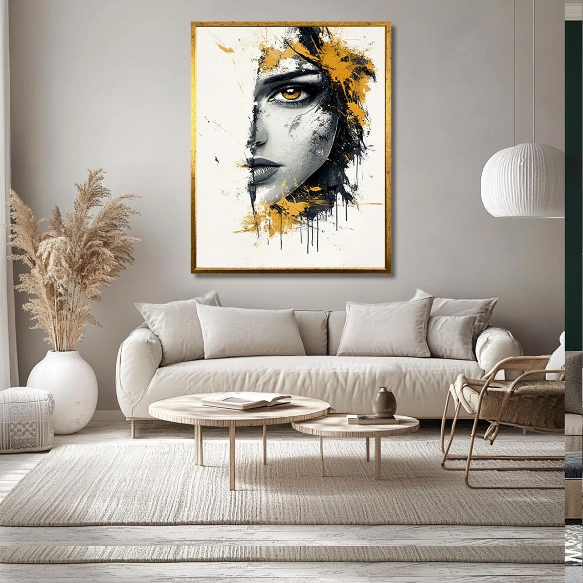 Modern Abstract Woman Portrait Wall Art Minimalist Face Painting With Bold Gold And Black Accents For Living Room Decor - Image 3