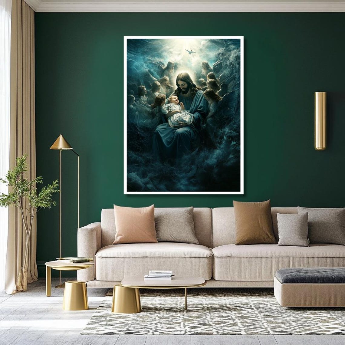 Jesus Holding a Child Surrounded by Angels in Stormy Clouds Poster - Image 2