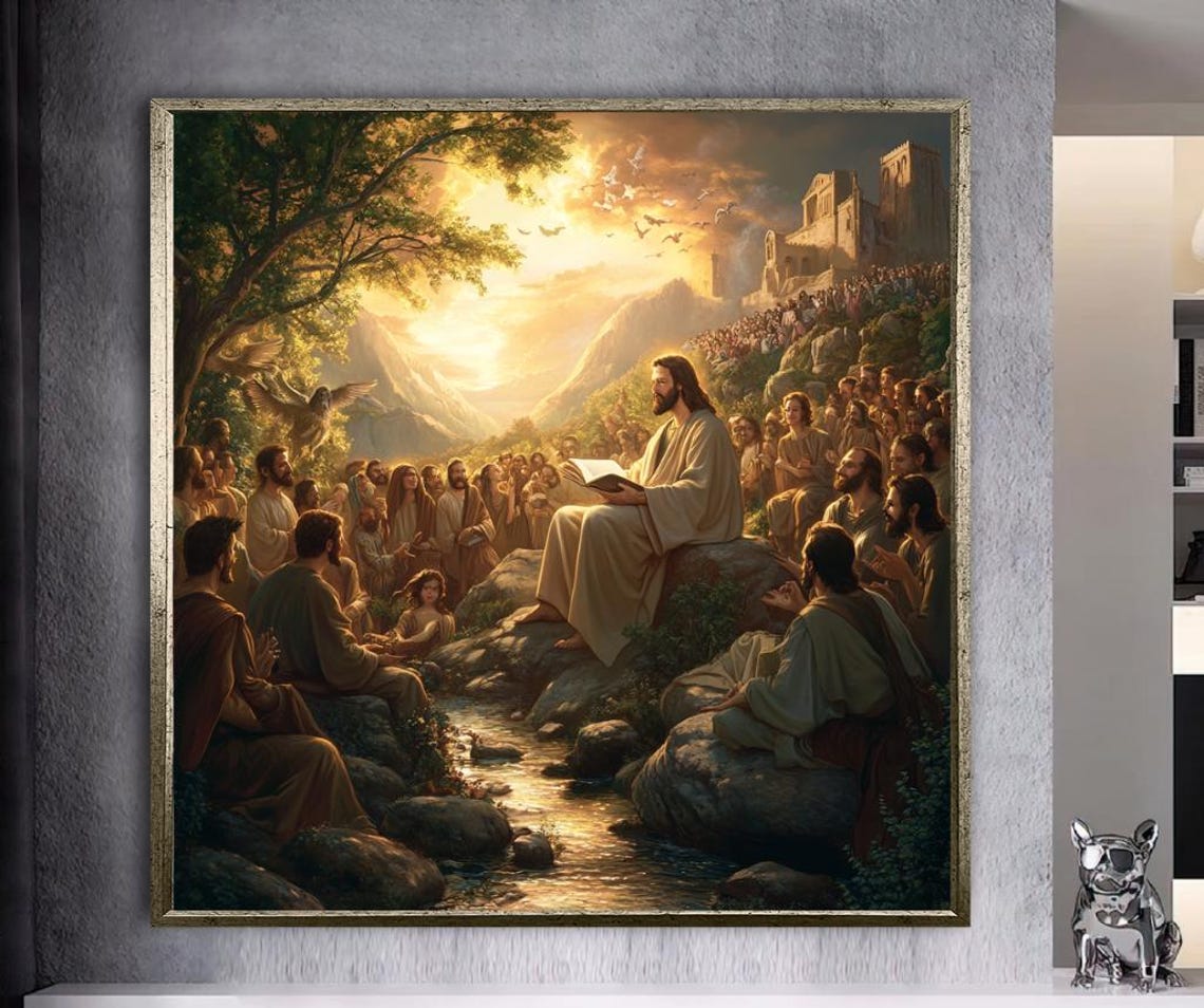 Jesus Christ Sermon on the Mount Teaching Crowd Religious Poster