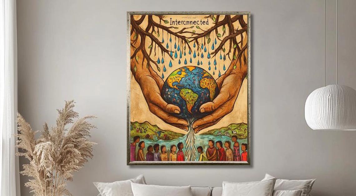 Interconnected Hands Holding Earth Community Symbol Art Poster
