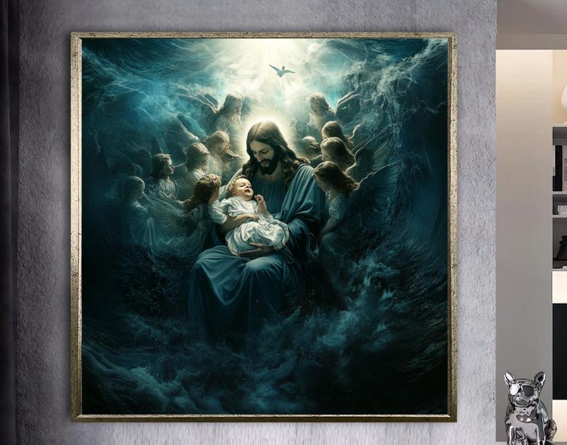 Jesus Holding a Child Surrounded by Angels in Stormy Clouds Poster