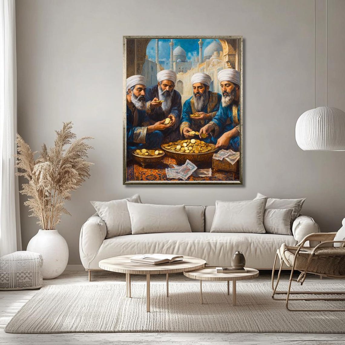 Middle Eastern Merchants Counting Gold Coins at Bazaar Poster - Image 3