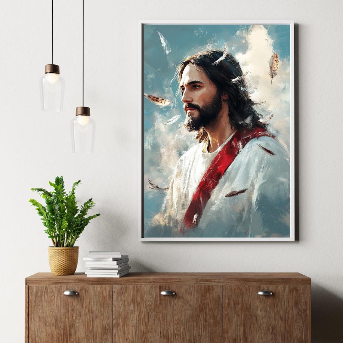 Jesus Portrait with Red Sash and Floating Feathers Painterly Poster - Image 3