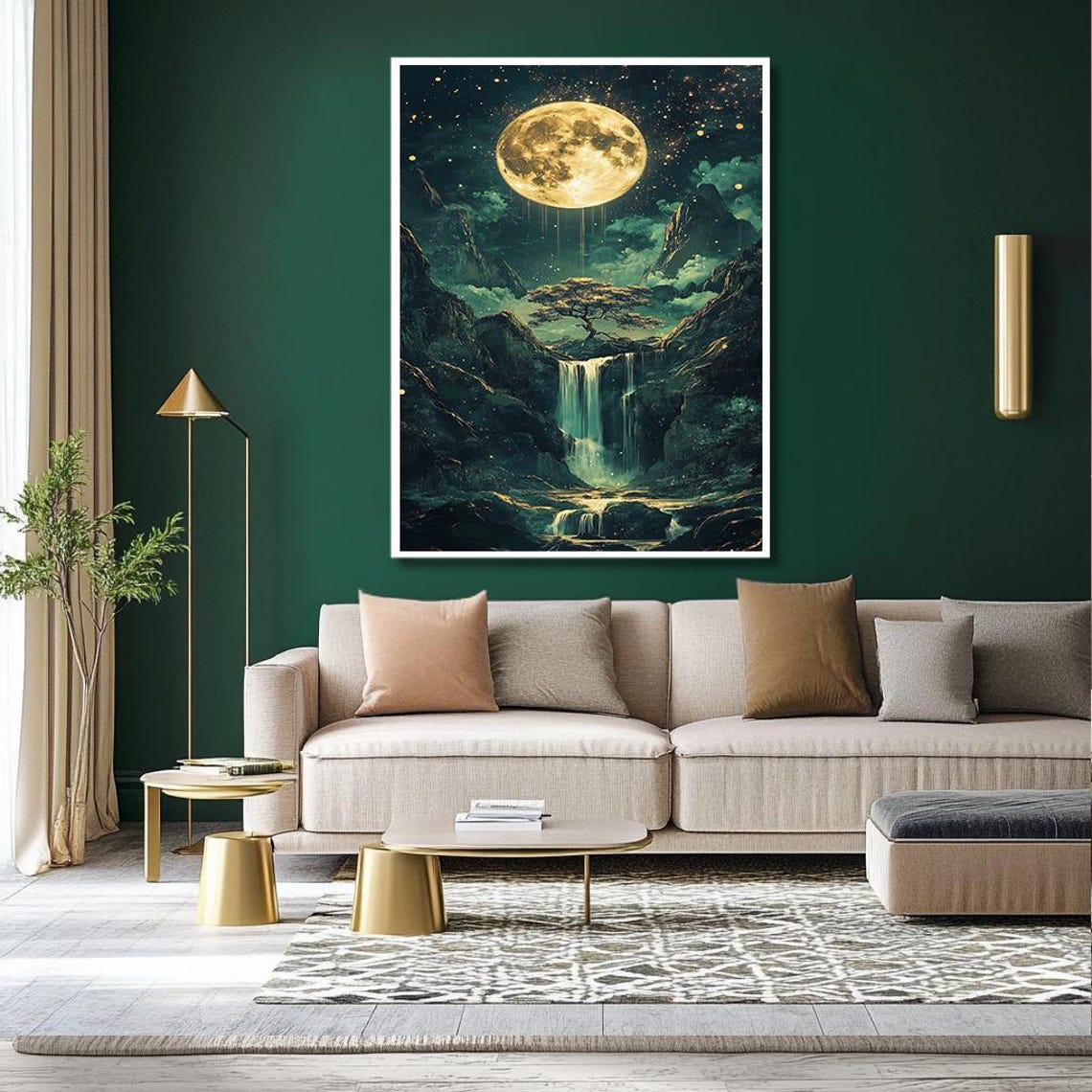 Dreamy Surreal Full Moon Over Waterfall Night Landscape Art Poster - Image 2