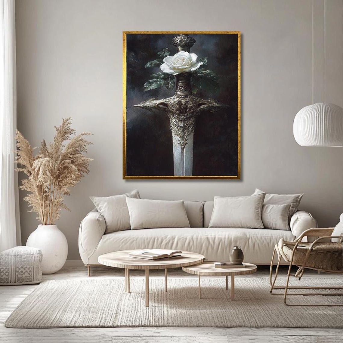 Ornate Medieval Sword And White Rose Dark Fantasy Art Poster - Image 3