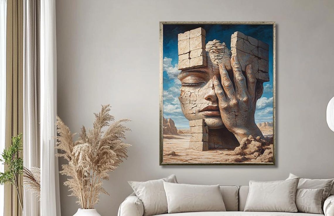 Crumbling Ancient Stone Face in Desert Surreal Sculpture Art Print
