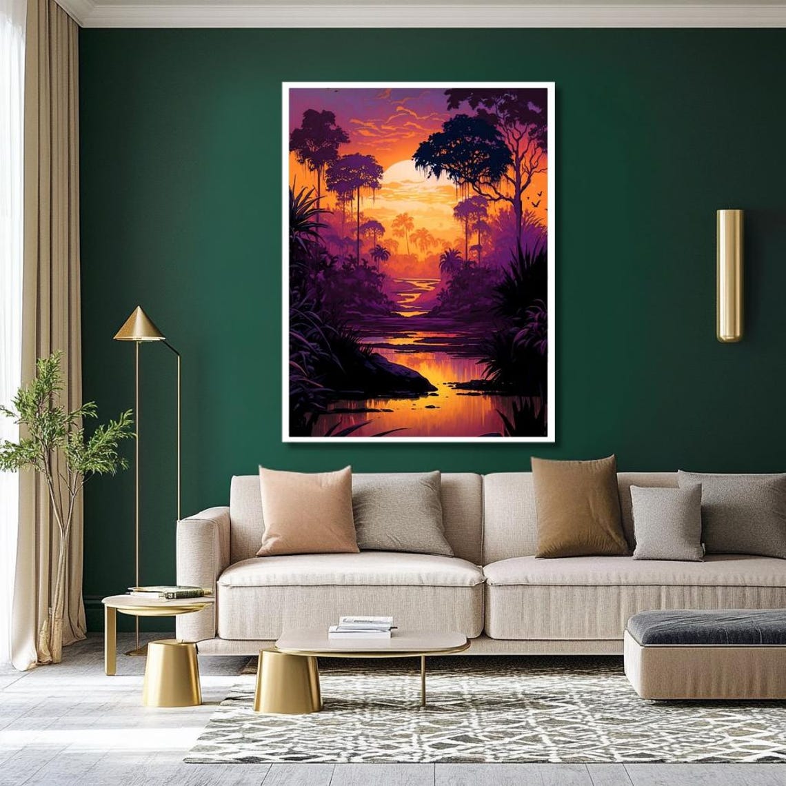 Vibrant Jungle Sunset Over River Exotic Nature Scene Wall Art - Image 2