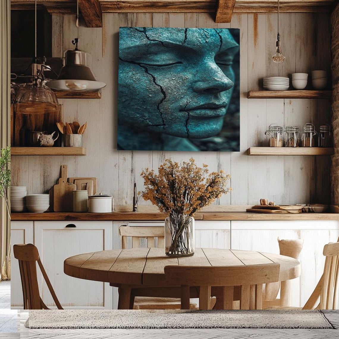 Cracked Teal Ancient Stone Face Sculpture Close Up Art Poster - Image 3