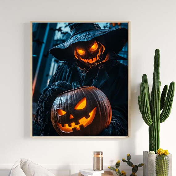 Pumpkin Head Witch Holding Glowing Jack O Lantern Night Horror Poster