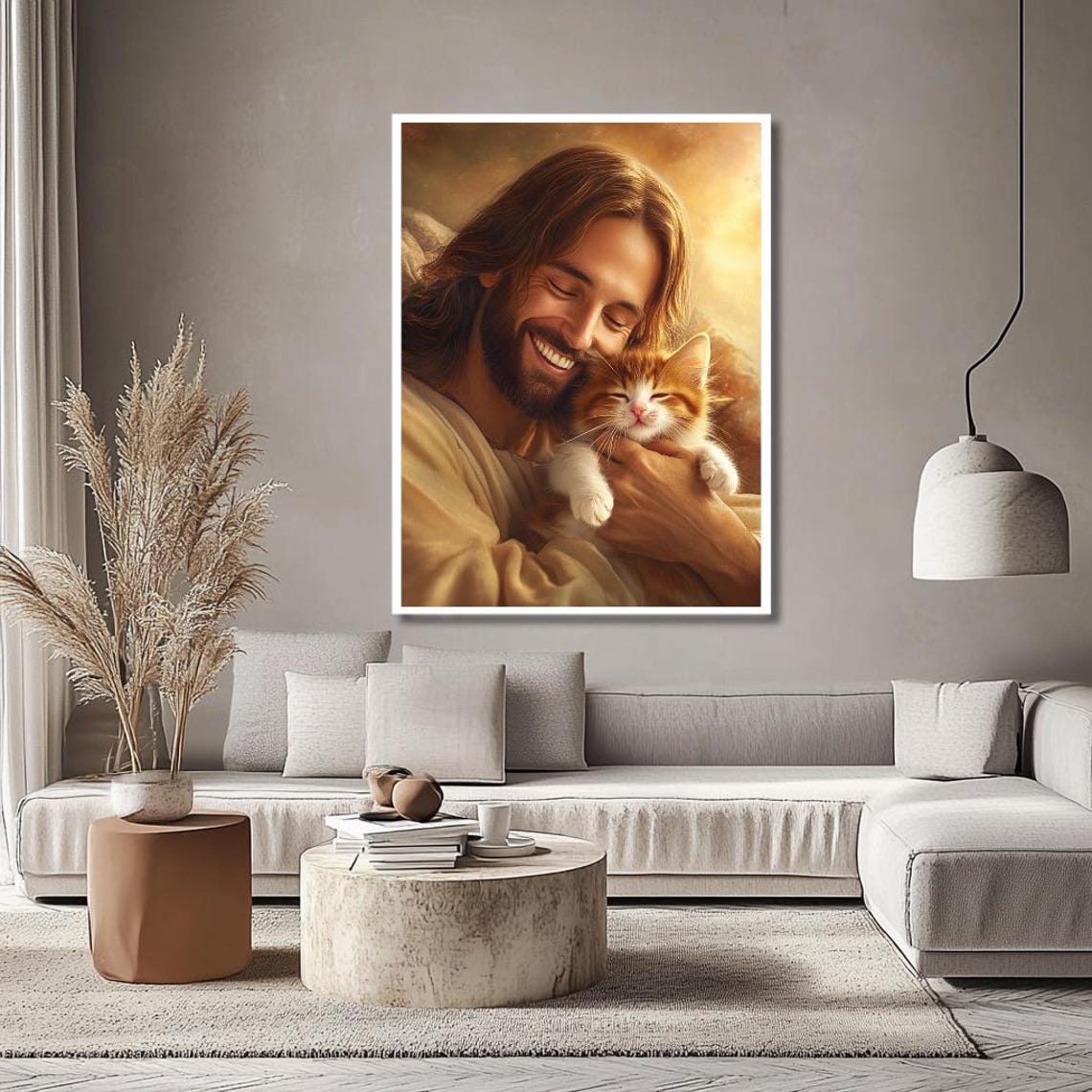 Jesus Smiling Holding an Orange Kitten Golden Light Art Poster - Image 3