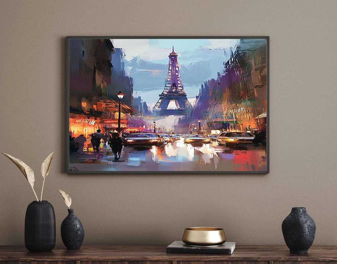 Rainy Paris Street Eiffel Tower Night Lights Oil Paint Poster