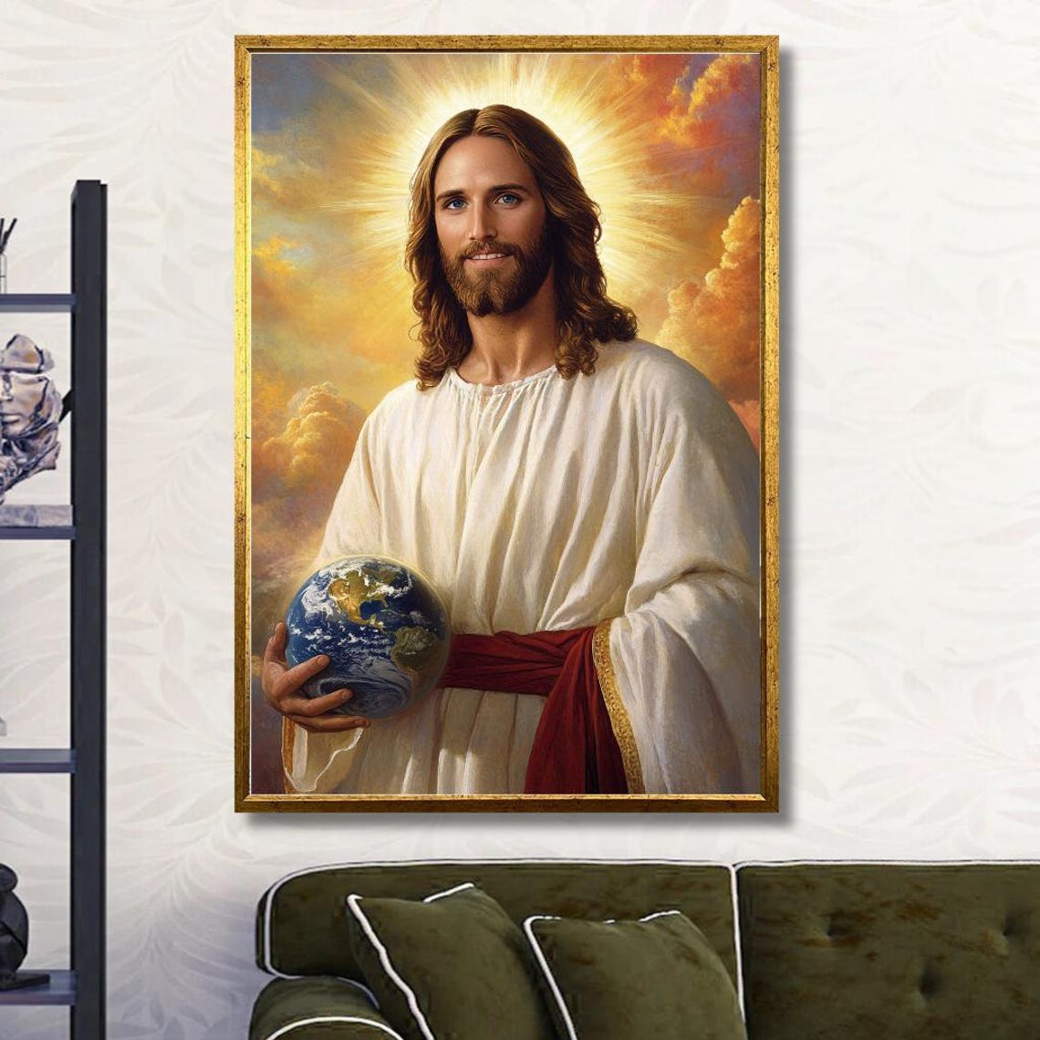 Jesus Holding The Earth Against Heavenly Clouds Christian Poster - Image 2