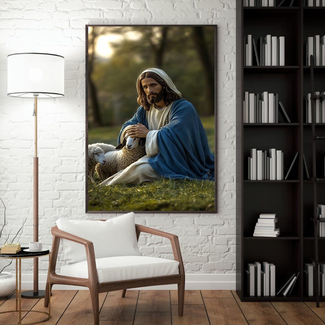 Jesus Christ Kneeling With Sheep Pastoral Good Shepherd Poster - Image 3