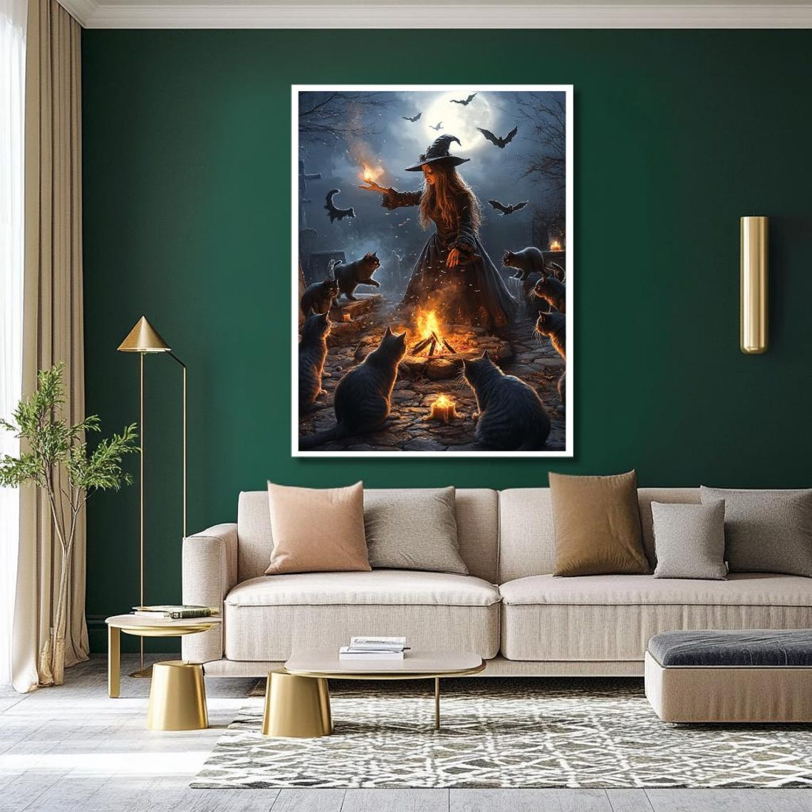 Witch With Black Cats Around a Campfire Under the Full Moon Poster - Image 3