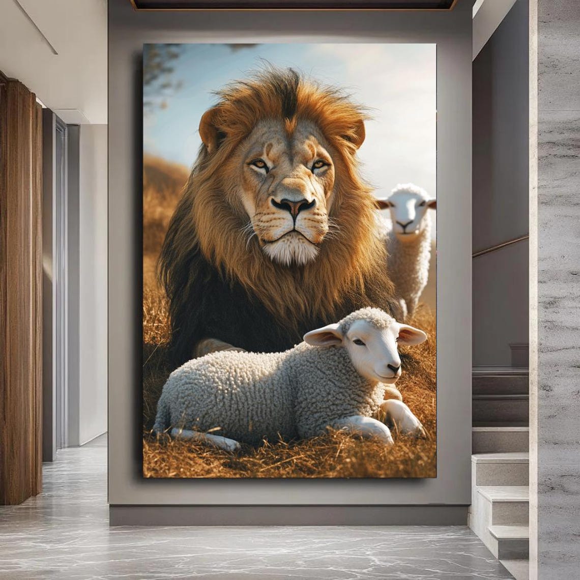 Lion And Lamb Resting Together In A Golden Field Peaceful Poster - Image 3