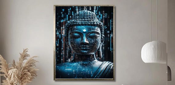 Cyber Buddha Art Print Futuristic Buddha Wall Decor With Tech Elements Zen And Technology Fusion For Modern Living Room