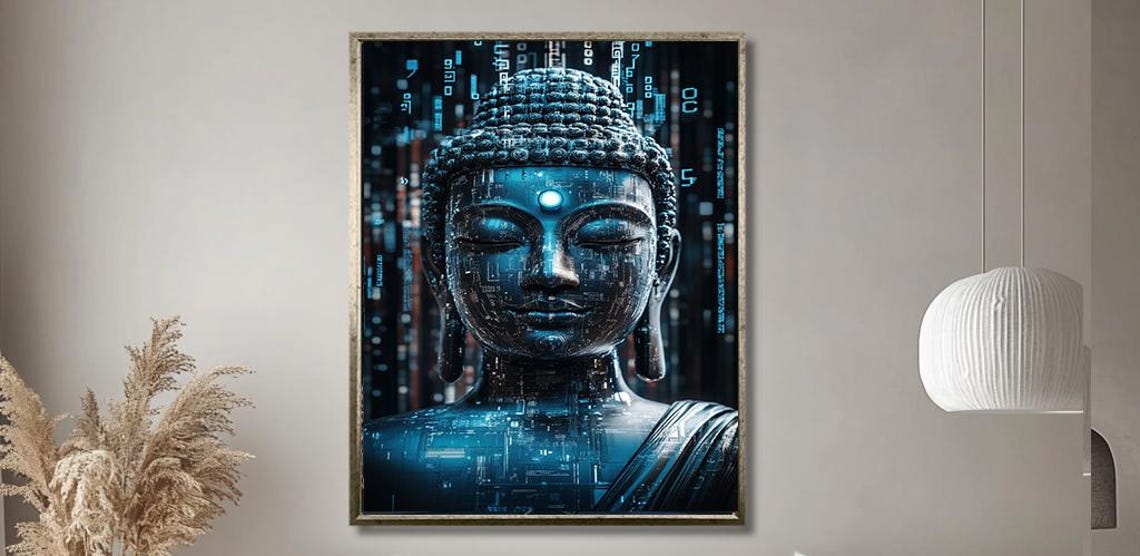 Cyber Buddha Art Print Futuristic Buddha Wall Decor With Tech Elements Zen And Technology Fusion For Modern Living Room
