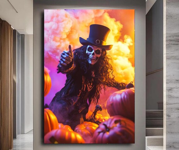 Spooky Skeleton Gentleman in Top Hat with Pumpkins Halloween Poster
